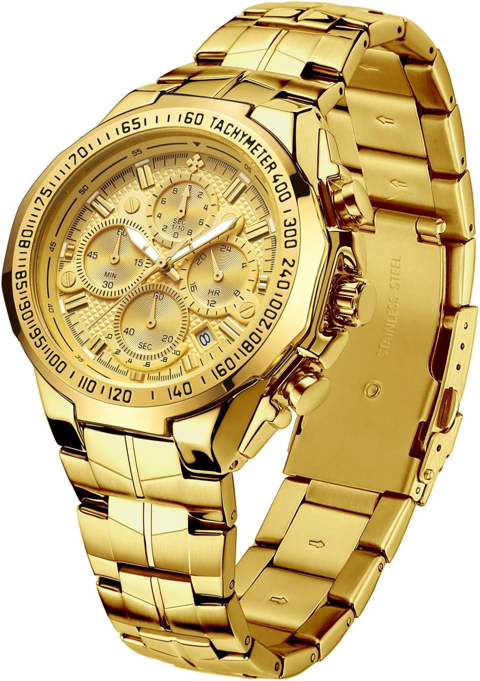 Men's Gold Watch Stainless Steel Waterproof Watches for Men Multifunctional Chronograph Analog Quartz Fashion Business Wristwatch Luminous with Date