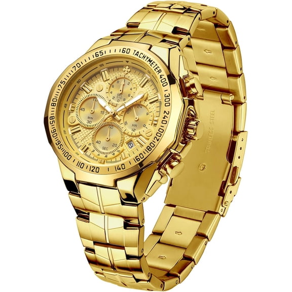 Men's Gold Watch Stainless Steel Waterproof Watches for Men Multifunctional Chronograph Analog Quartz Fashion Business Wristwatch Luminous with Date