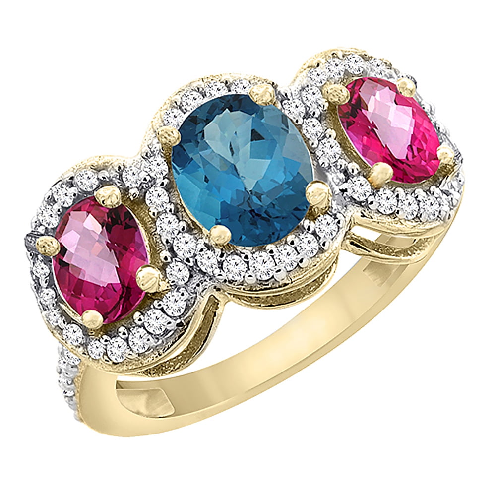 10K Yellow Gold Natural London Blue Topaz & Pink Topaz 3-Stone Ring Oval Diamond Accent, size 5 by Gabriella Gold