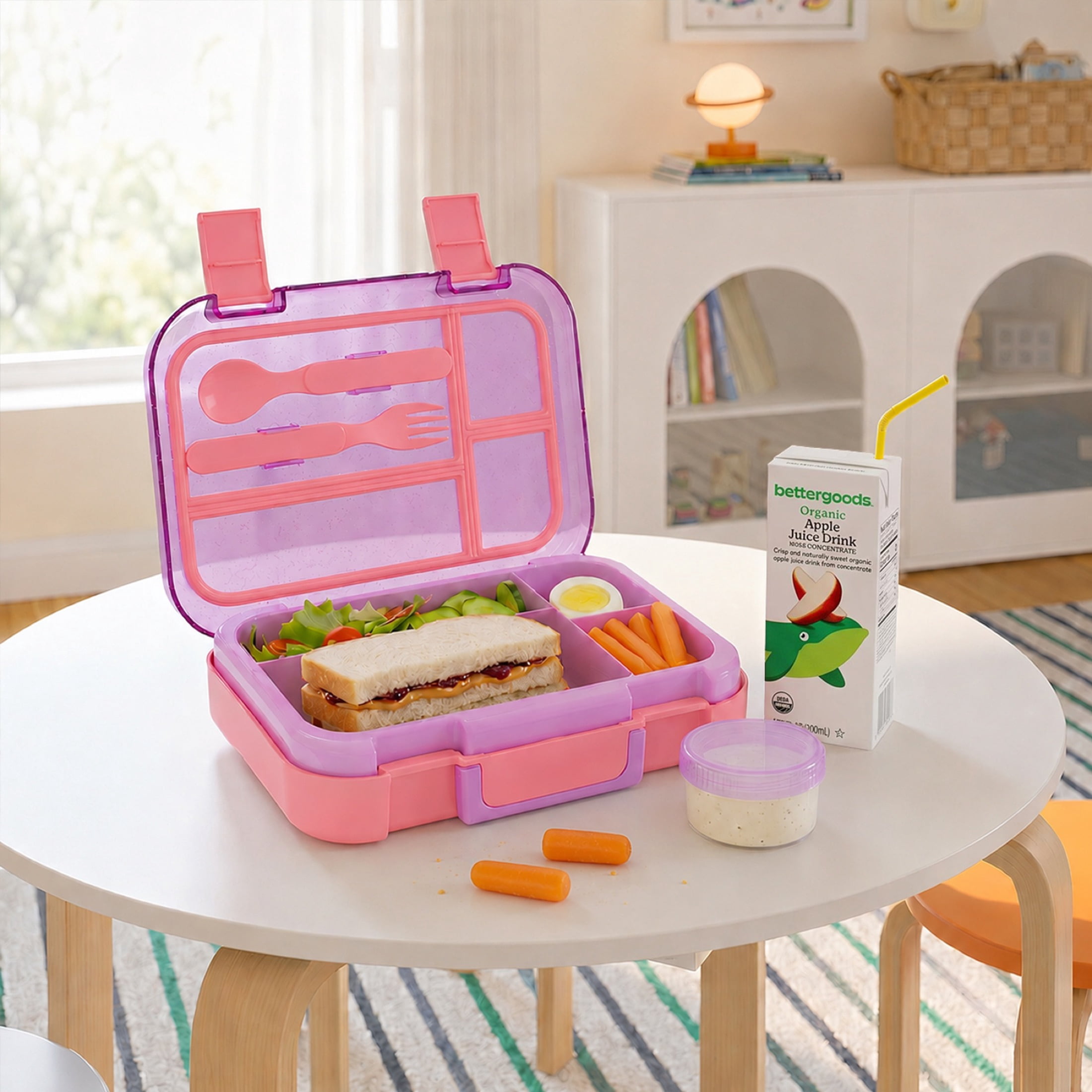 Mainstays Kids 4-Compartment Plastic Bento Box with Removable Tray, Fork, Spoon, and Dressing Container, Pink Glitter