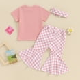 thumbnail image 3 of Bagilaanoe 3pcs Toddler Baby Girl Pants Letter Set Short Sleeve T-Shirts Tops + Checkerboard Flare Trousers + Headband 18M 24M 3T 4T 5T 6T Kids Summer Casual Clothes, 3 of 7