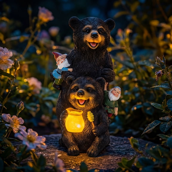 Solar Garden Statues Bear Decor, Bear Statue with Glowing Honey Jar and Gnomes for Patio Balcony Lawn Yard Decorations, Outdoor Birthday Housewarming Gifts for Women, Mom