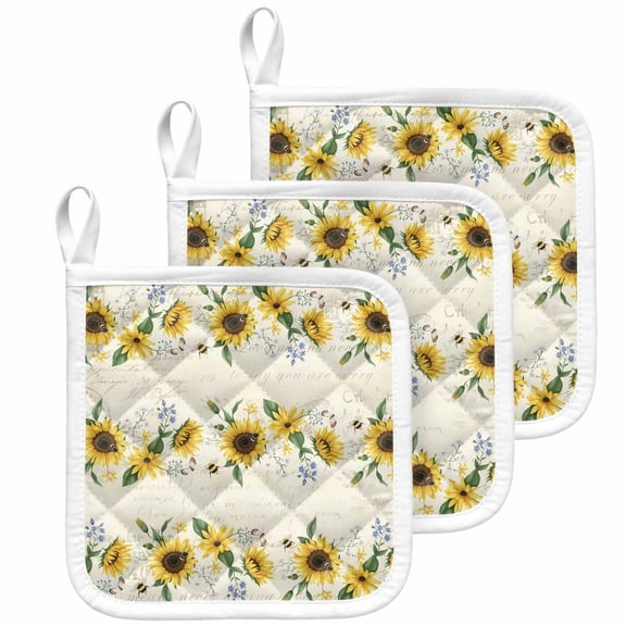 Sunflower Pot Holders for Kitchen Heatproof Potholder, 3 Pack Vintage Beige Bee Farm Botanical Flower Hot Pads Multipurpose Oven Pads Cloth Potholders Trivet for Cooking Baking