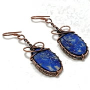Lapis Lazuli Gemstone Copper Wire Wrap Drop Dangle Earrings Jewelry 2.30" SA 14