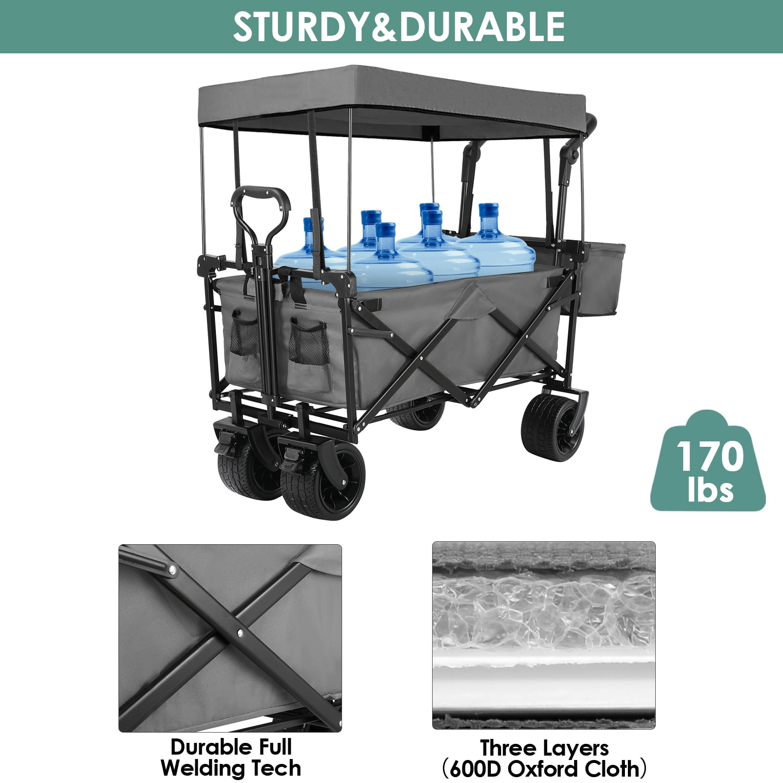 Pirecart Collapsible Wagon Cart, Outdoor Foldable Utility Beach Wagon with Removable Canopy, Cup Holder, Gray