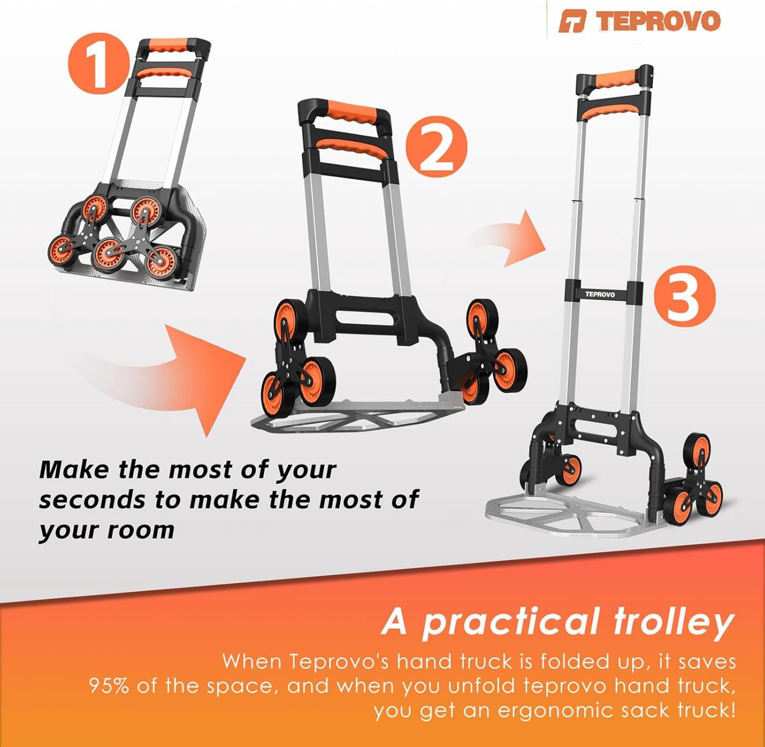 Stair Climbing Hand Truck Foldable Aluminum Dolly Cart 6-Wheel Stairs Climber 43.3 Handle 176 lb Flat Load Home Warehouse No Assembly
