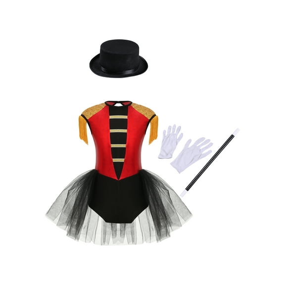 Aislor 4Pcs Girls Magician Drummer Costume Kids Carnival Party Tutu Dress Leotard Performance Suits Red 16