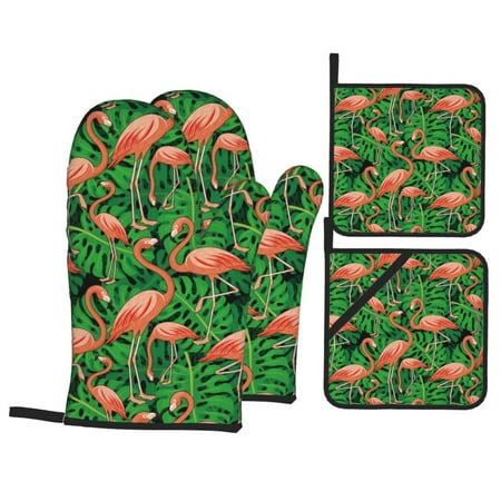 

Oven Mitts and Pot Holders Sets 4 pcs - Flamingo D Heat Resistant Silicone Oven Gloves with Non-Slip Silicone Surface and hot pads for kitchen Baking Cooking BBQ