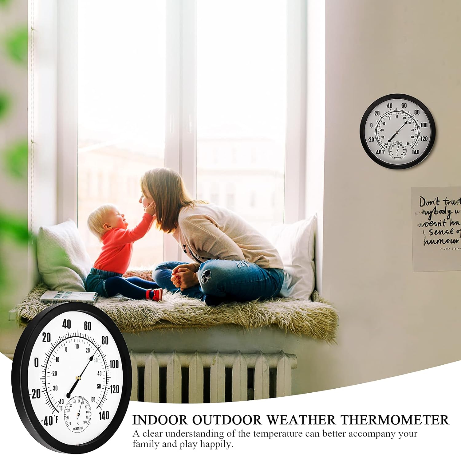 10" Indoor Outdoor Weather Thermometer / Hygrometer for Patio, Wall Decorative, No Battery Needed