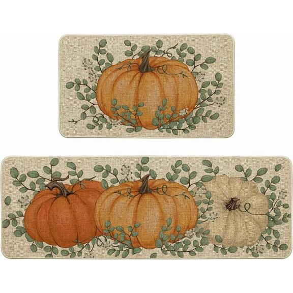 Orange Pumpkin Eucalyptus Fall Kitchen Mats Set of 2, Autumn Home Decor Low-Profile Kitchen Rugs for Floor - 17x29 and 17x47 Inch