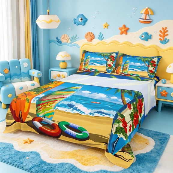 Manfei Hawaii Beach Bed Sheets Set Twin Size,Ocean Sea Beach Bedding Sets Twin Size,Surfboard Coconut Tree Bed Sheets Twin,Ultra Soft Bedroom Decoration,4-Piece