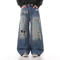 thumbnail image 3 of Street Style Patchwork Distressed Denim Jeans For Loose Straight Leg Wide Trousers, 3 of 3