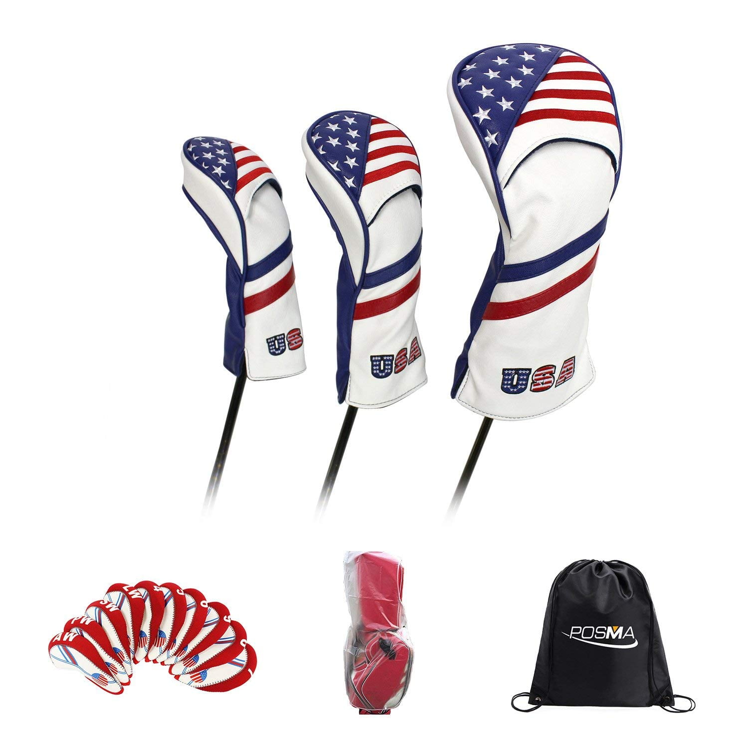POSMA CC060I Golf Leather Wood Club Head Cover Set with Plastic Iron