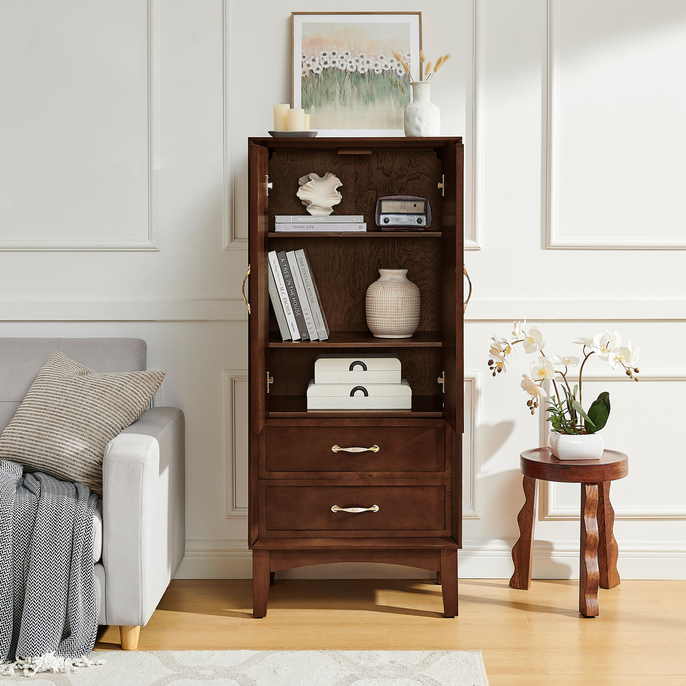 GDF Studio 53.5" Kitchen Pantry Storage Cabinet with Doors, Drawers and Adjustable Shelves, Walnut