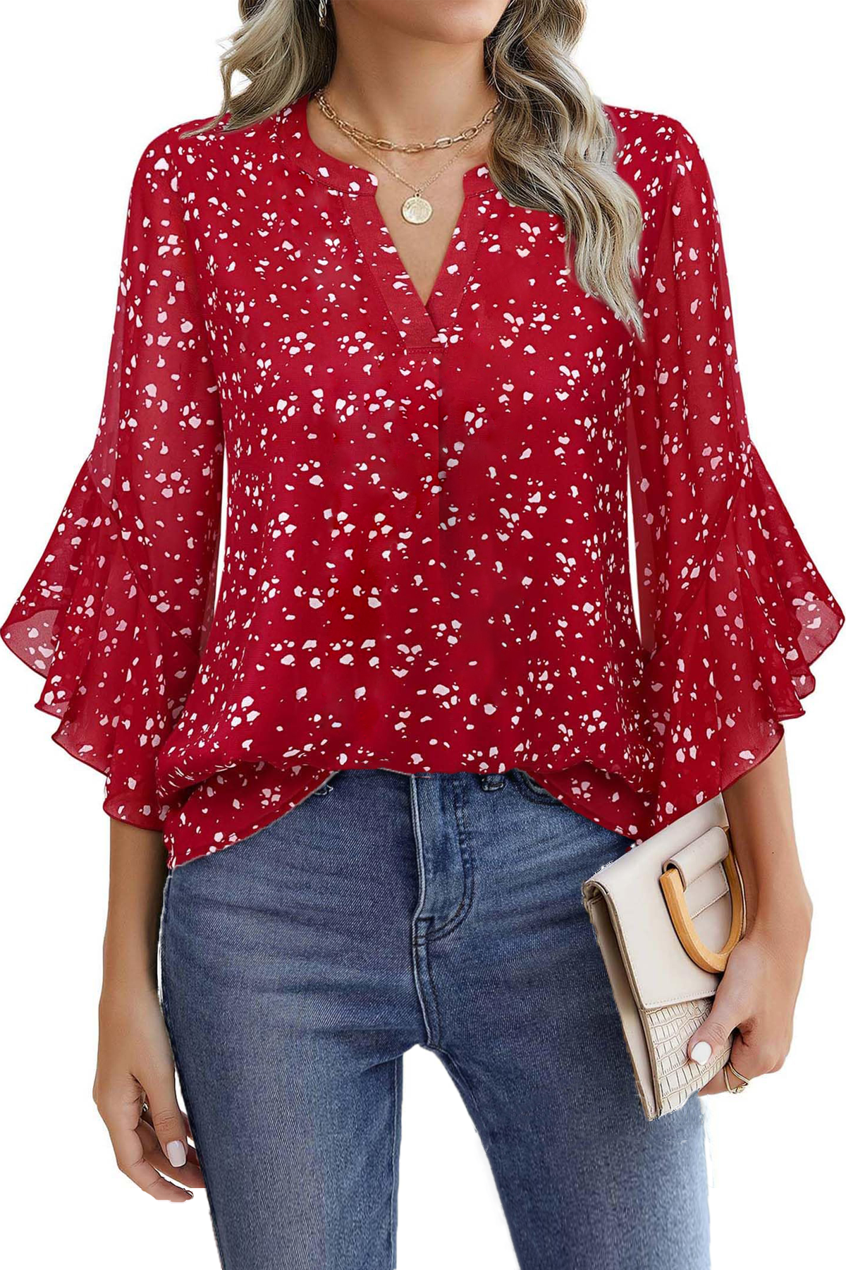 Fantaslook Blouses for Women 3/4 Ruffle Sleeve Summer Tops V Neck Business Work Blouse Dressy Casual Shirts