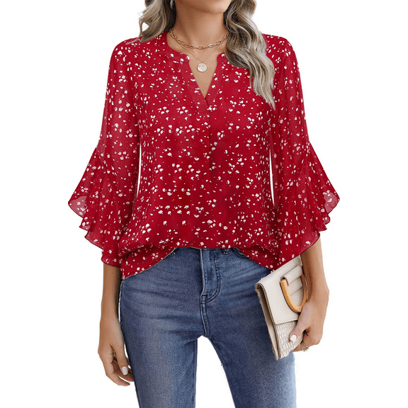 Fantaslook Blouses for Women 3/4 Ruffle Sleeve Summer Tops V Neck Business Work Blouse Dressy Casual Shirts