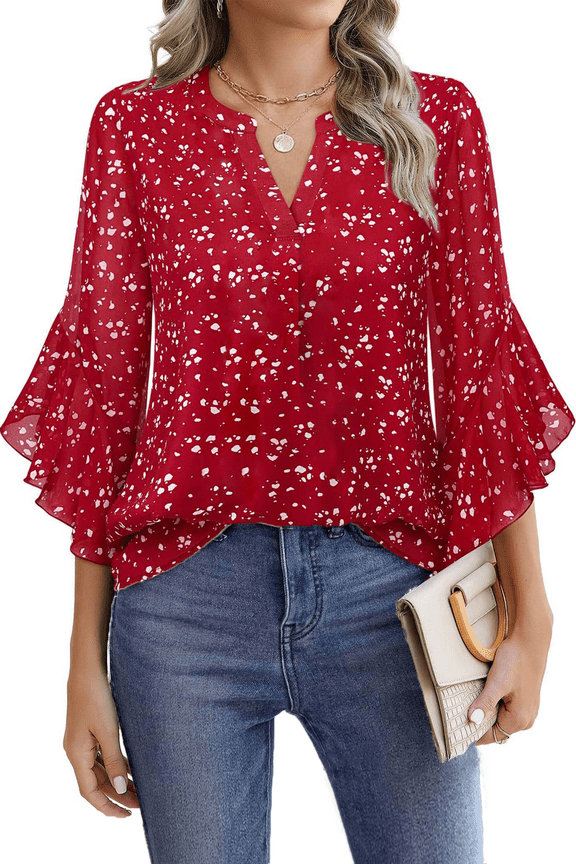 Blouses for Women 3/4 Ruffle Sleeve Summer Tops V Neck Business Work Blouse Dressy Casual Shirts