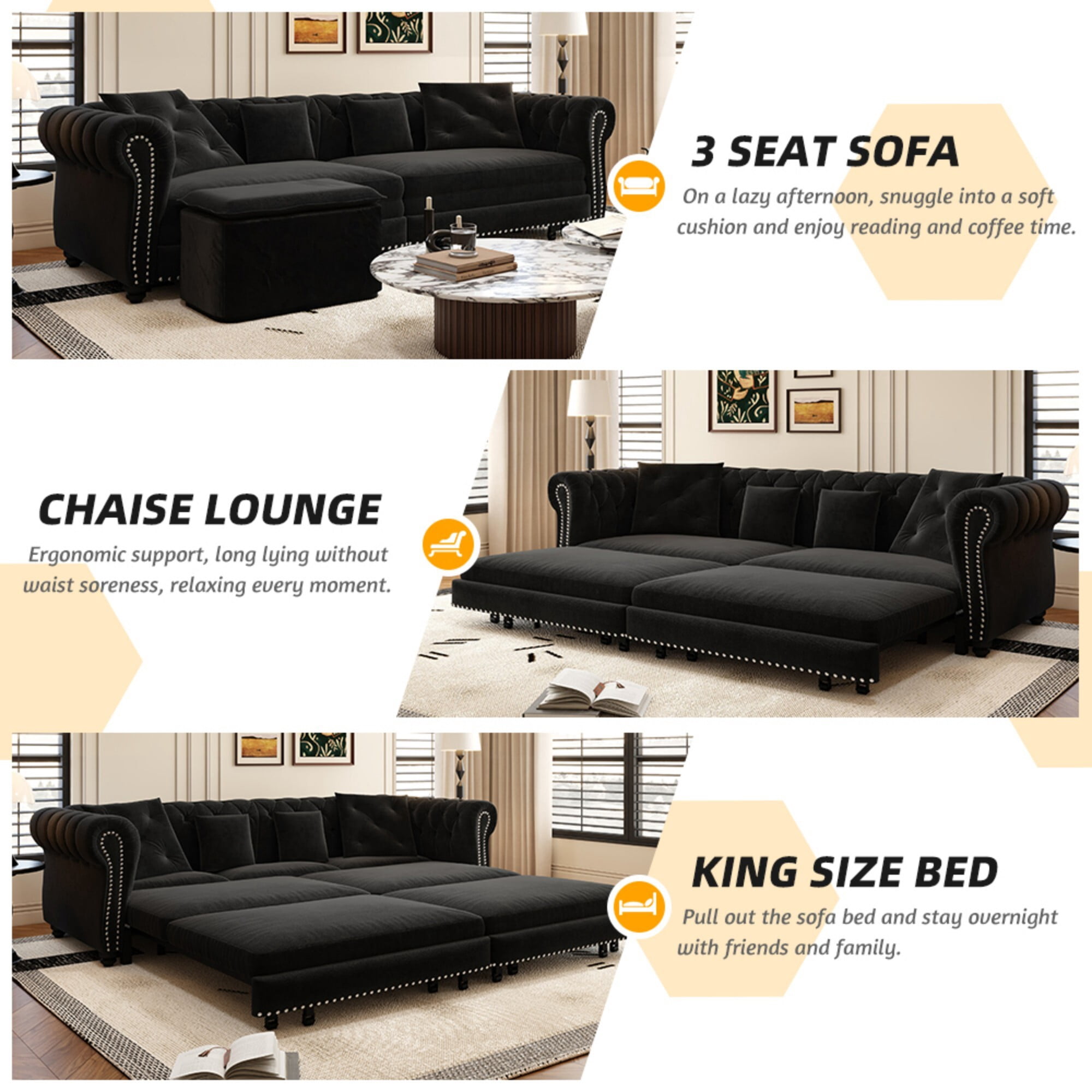 DEALTOPS 89" Velvet King Size Pull-Out Sofa Bed, 3-in-1 Convertible Sleeper Sofa with Ottoman & 4 Pillows, Black