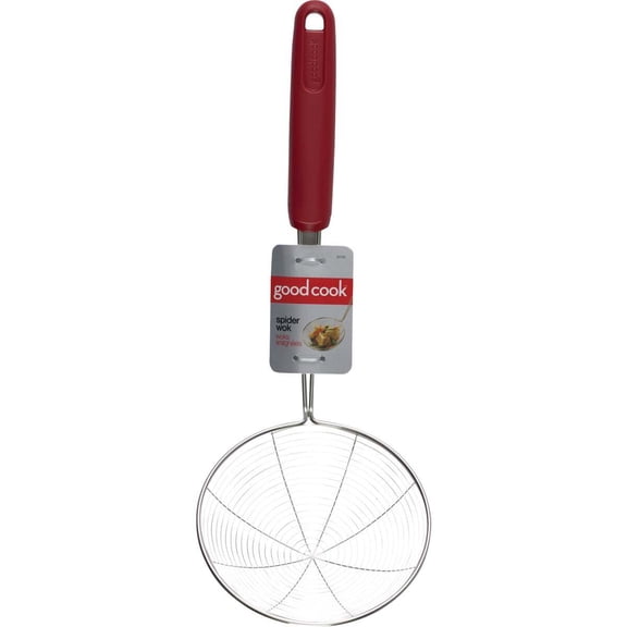 GoodCook Stainless Steel 5.5" Spider Wok Skimmer and Strainer, Silver/Red