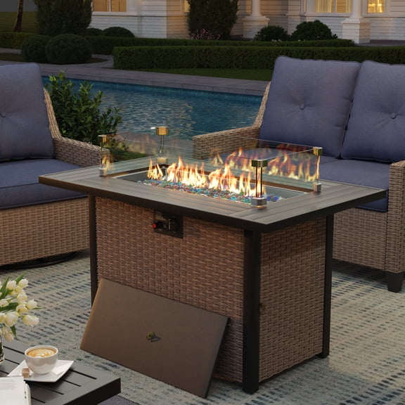 NestNook Outdoor Fire Pit Table with Glass Wind Guard, Propane Gas Fire Table, 50,000 BTU Patio Firepit Table with Lid, Wicker Rattan Base, Metal Top, for Backyard, Garden, Porch