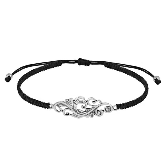 Nature's Elegance Floral Vine Sterling Silver Charm Black Adjustable Bracelet