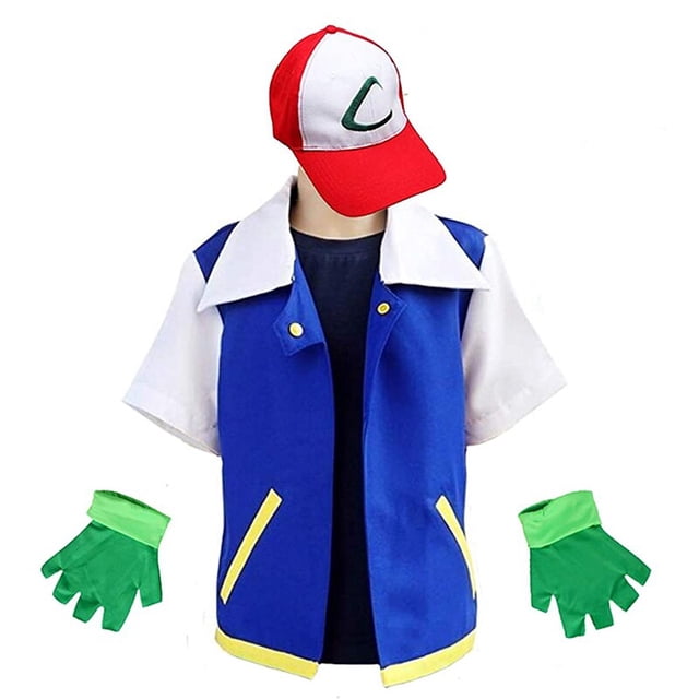 Traje de chaqueta azul de Anime de Pokémon para niños y niñas, Cosplay Ash Ketchum para fiesta de Halloween, conjunto de gorro y guantes de entrenador, regalos para niños qym unisex