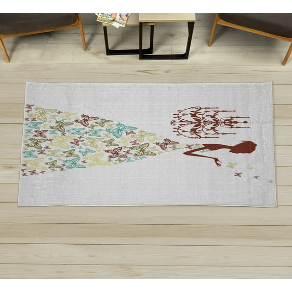 Vintage Decorative Rug, Love Country Wedding Themed Romantic Butterflies Cartoon Retro Parisienne, Quality Carpet for Bedroom Dorm and Living Room, 6 Sizes, Seafoam Ecru, by Ambesonne