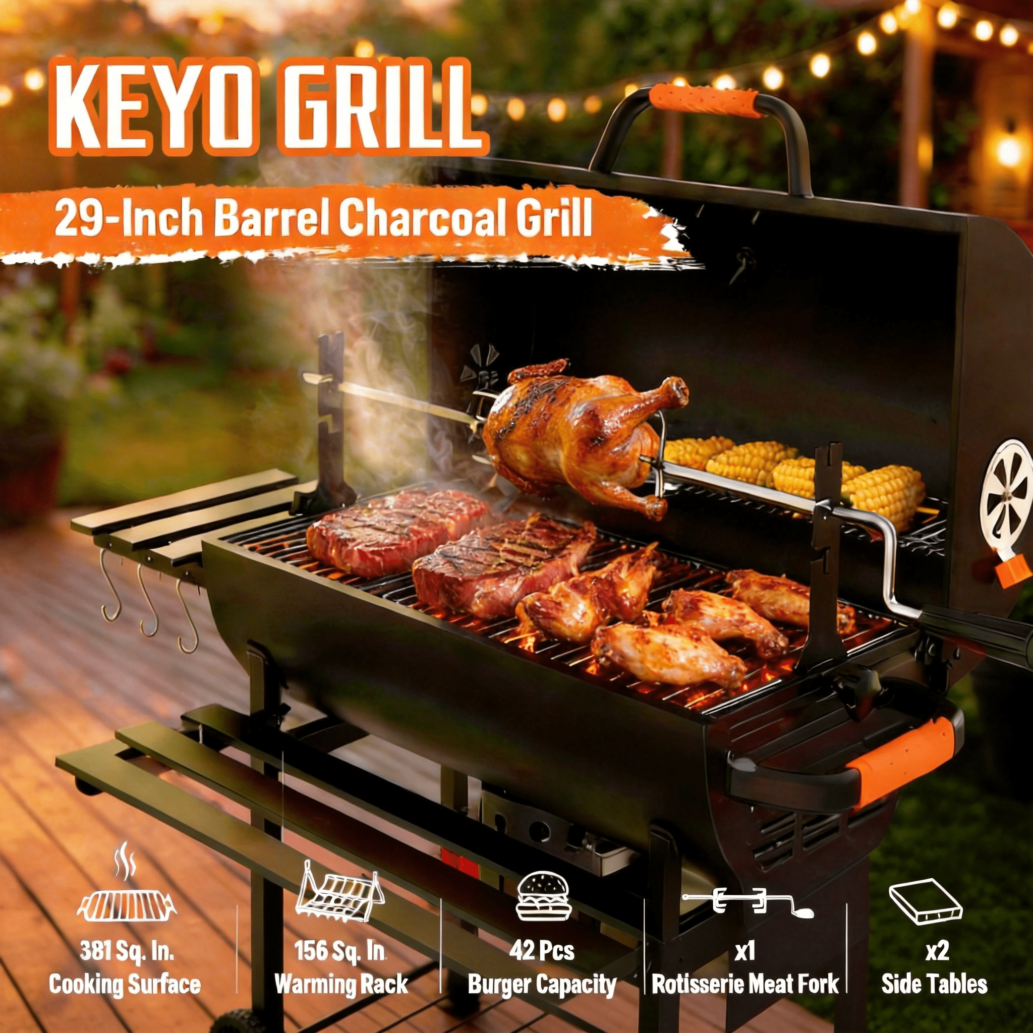 KEYO GRILL Large  Charcoal Grill with Foldable Table, Rotisserie & Dual-Zone Charcoal Pans, Black