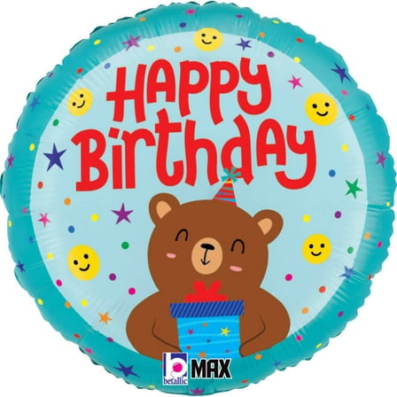 18 inch Betallic Happy Birthday Smiley Bear Foil Mylar Balloon - Party Supplies Decorations