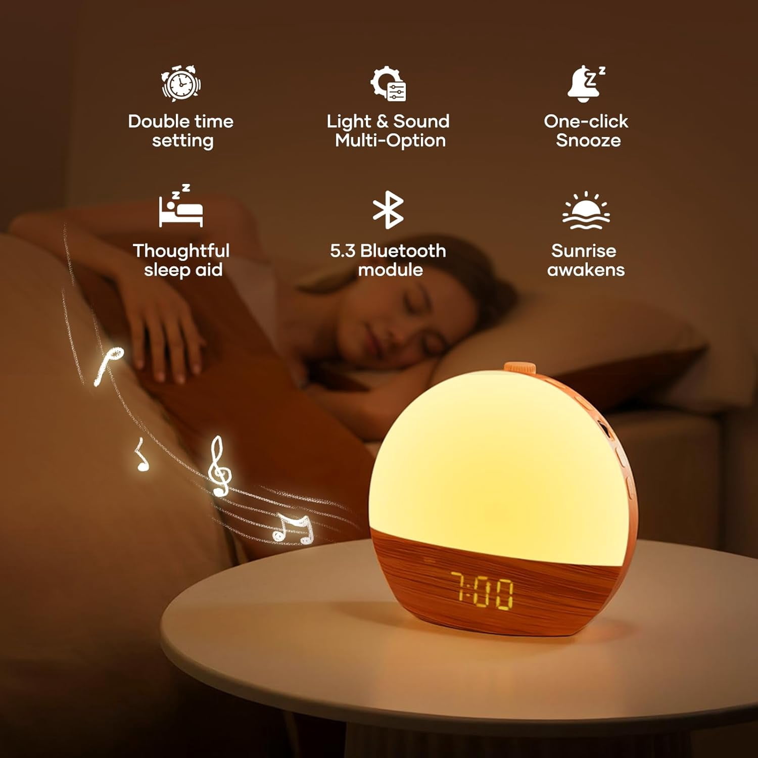 Clock Fabric Dimmable Night Light for Heavy Sleepers, Sunrise Wake Up Light, White Noise Machine for Baby, Dual Alarm Function 30 Sleep Sounds, with 17 Light Effects