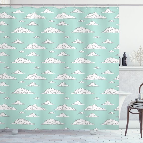 Ambesonne Teal and White Shower Curtain, White Fluffy Clouds, 69"Wx84"L, Seafoam White