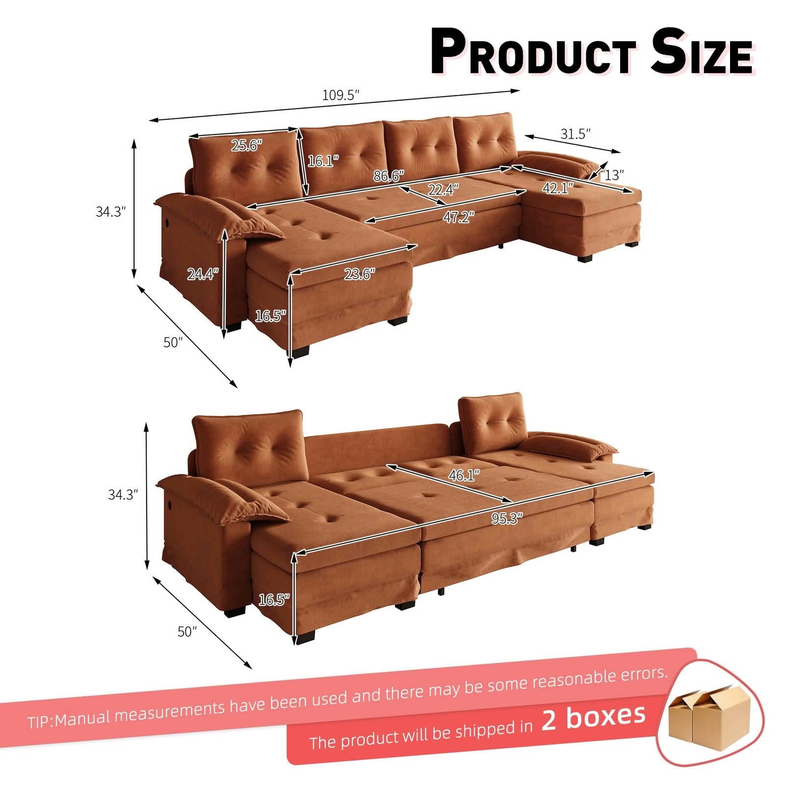MAYEERTY 109.5" U‑Shaped Pull‑Out Sleeper Sofa, 2‑in‑1 Convertible Modular Sectional with Removable Armrests, USB Ports, Chaise Lounge, 4 Pillows Included