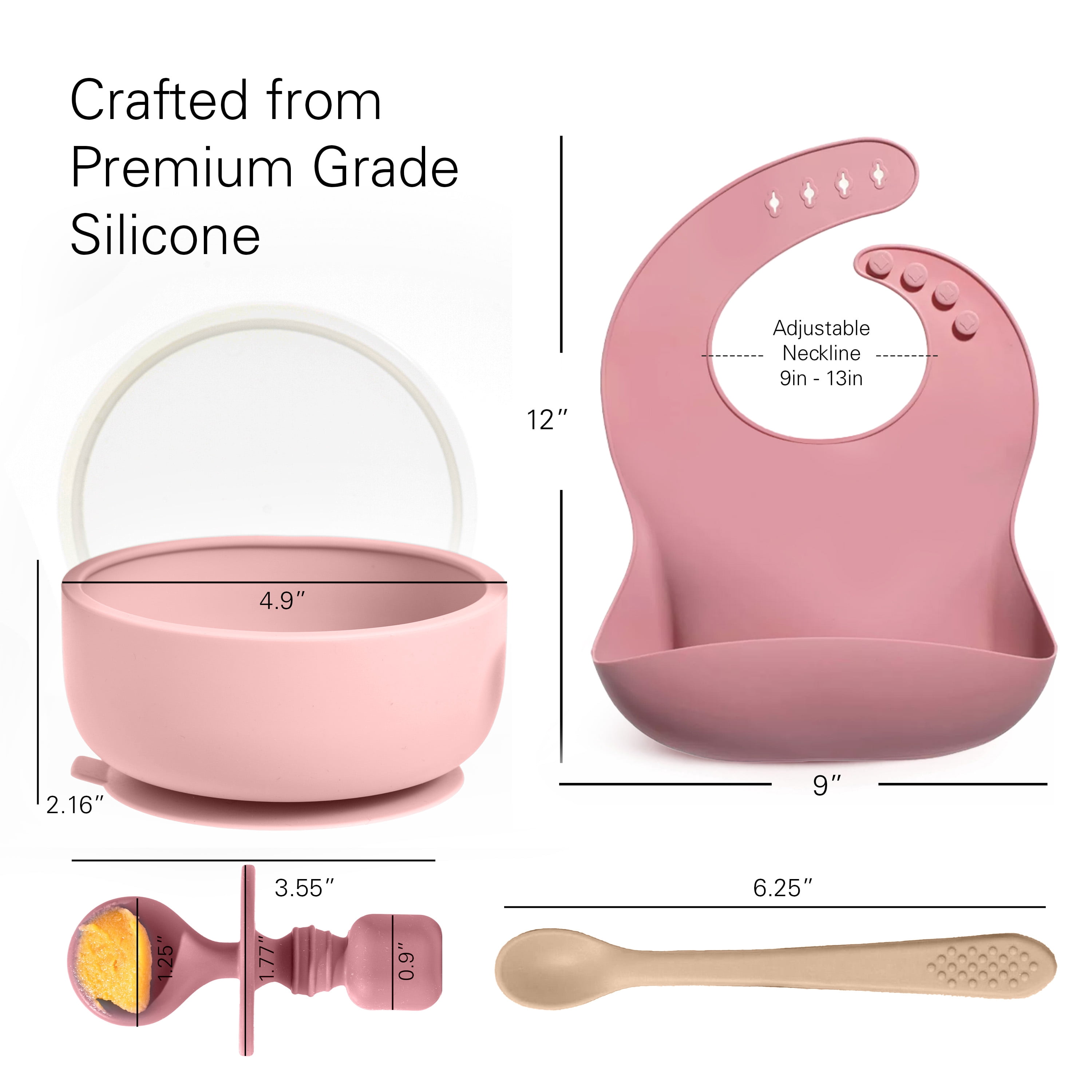 Baby Feeding Set, Silicone Bib, Bowl & Spoons for Self-Feeding First Stage Baby Essentials – Gum Friendly, BPA-Free, Easy to Clean & Safe for Babies, Pink