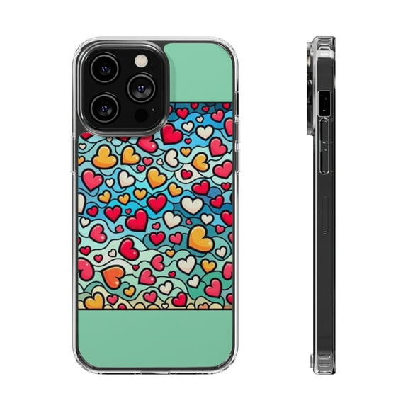 DistinctInk Hybrid (Acrylic / TPU) Clear Slim Fit Case for Apple iPhone 15 Pro MAX (6.7" Screen) - Vibrant Curvy Cartoon Hearts Pattern