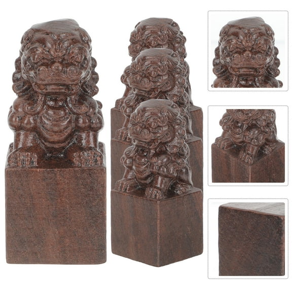 GOOHOCHY 4pcs Desktop Wooden Lion Figurine Statues Chinese Style Lion Sculptures Office Desk Ornaments