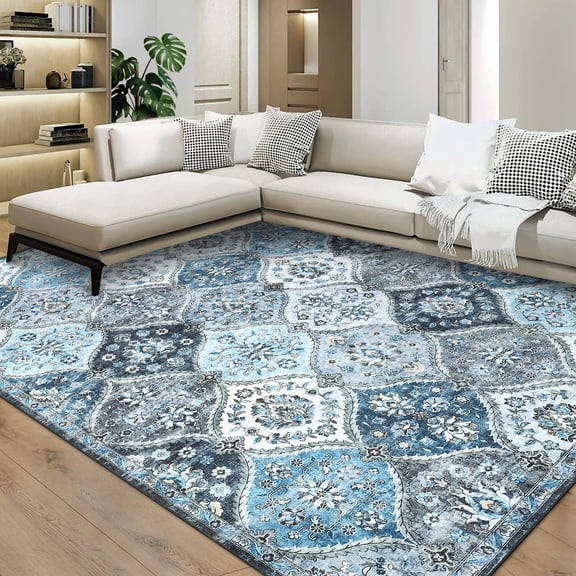 8x10 Area Rug Modern Trellis Machine Washable Area Rug for Living Room Bedroom Vintage Medallion Floral Non-Slip Stain Resistant Accent Rug Carpet for Home Decor, Grey Blue