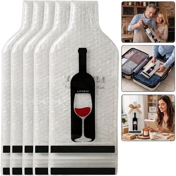 5 Pack Double Bubble Reusable Wine Bottle Travel Sleeves, Dual Zip & Velcro Leakproof Glass Protector Bags for Airplane Car Cruise Luggage