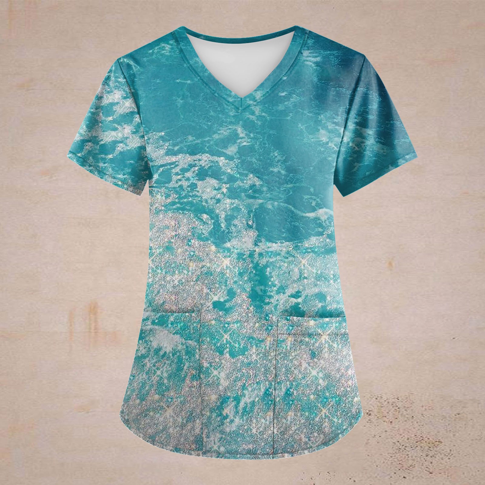 Plus Size Retro Printed Scrub Working Uniform Tops For Women Cross V