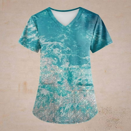 

Umitay Plus Size Retro Printed Scrub Working Uniform Tops For Women Cross V-Neck Short Sleeve Fun T-Shirts Workwear Tee With Pockets