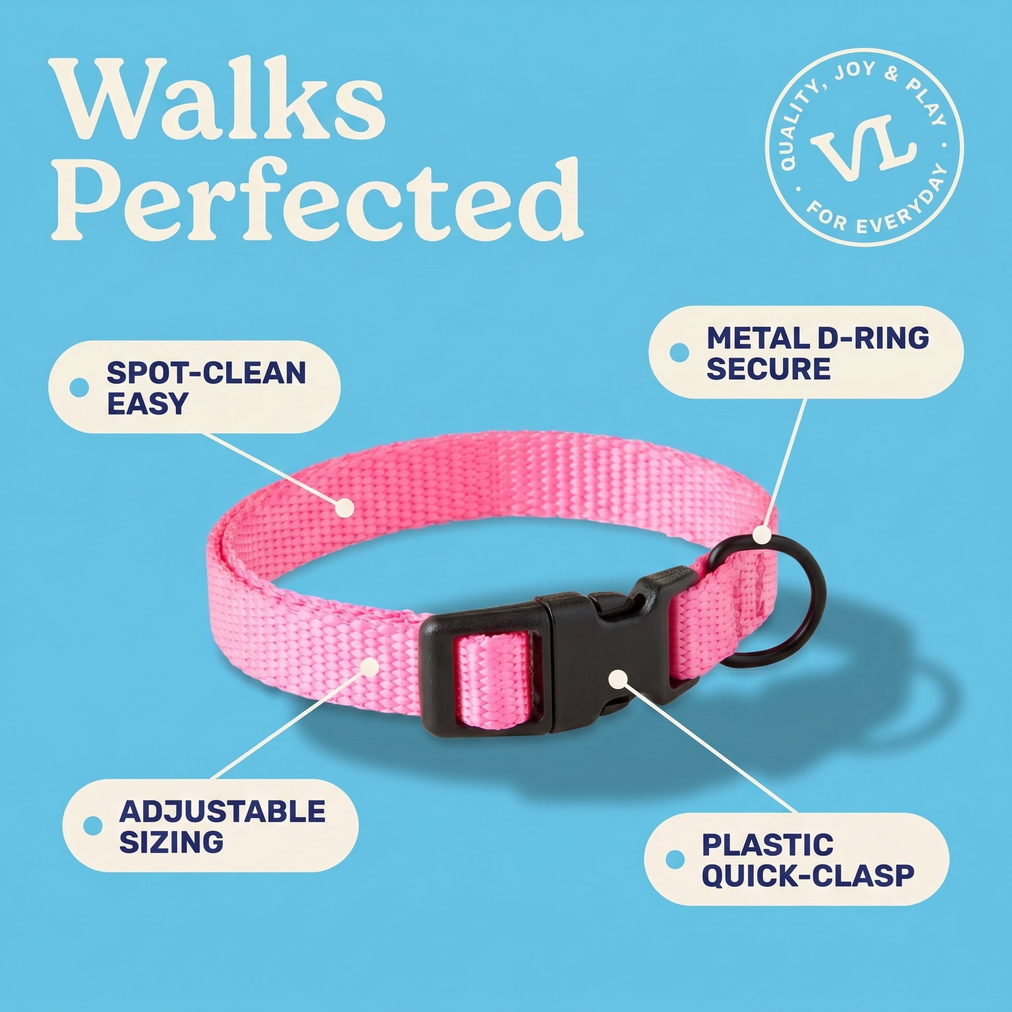 (2 pack) Vibrant Life Solid Polyester Adjustable Dog Collar, Pink, S