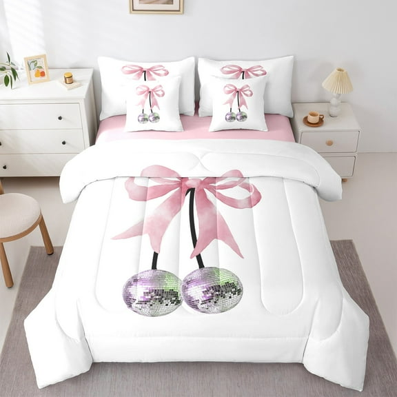 Feelyou Girly Pink Ribbon Twin Bedding Sets 7-Piece for Girls, Kawaii Disco Ball Cherry Bedding Comforter Set, Cute Cartoon Reversible Sheet Sets, Ultra Soft Home Decor