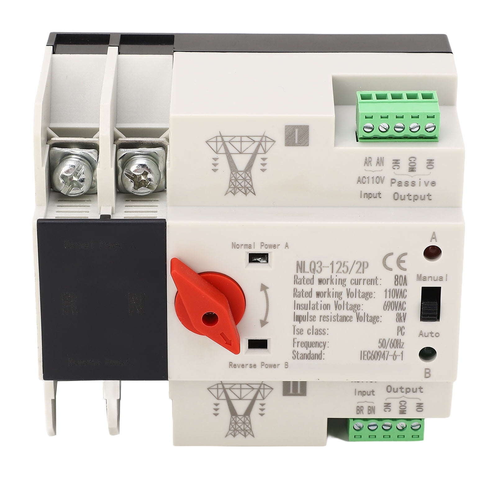 AC110V 63A Dual Power Automatic Transfer Switch Quick Switching Mini Power Transfer Switch for Shopping Malls Farms 2P