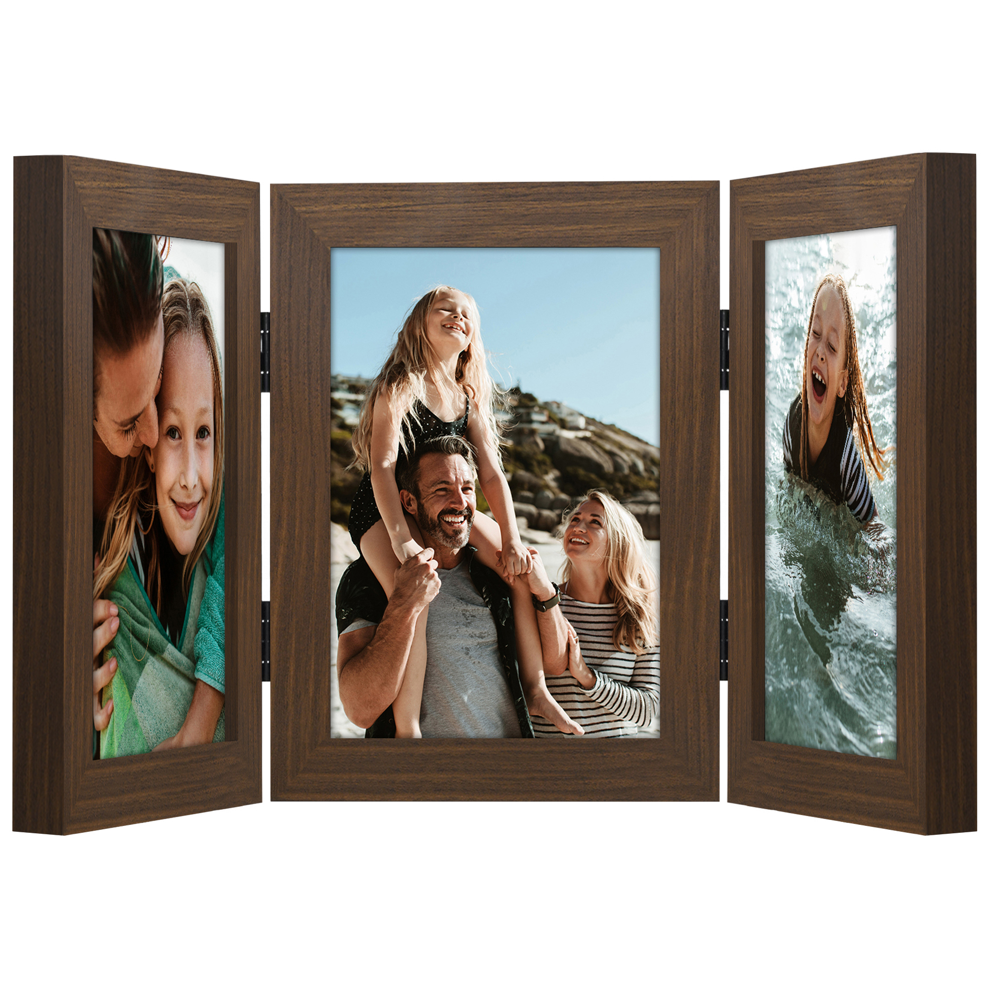 Americanflat Hinged 3 Photo Frame in Walnut MDF - Desk Photo Frame for 5X7" Photos - Tri Folding Picture Frame For Desk - Displays 3 Photos with Shatter-Resistant Glass Covers 5x7 Triple Fold Walnut