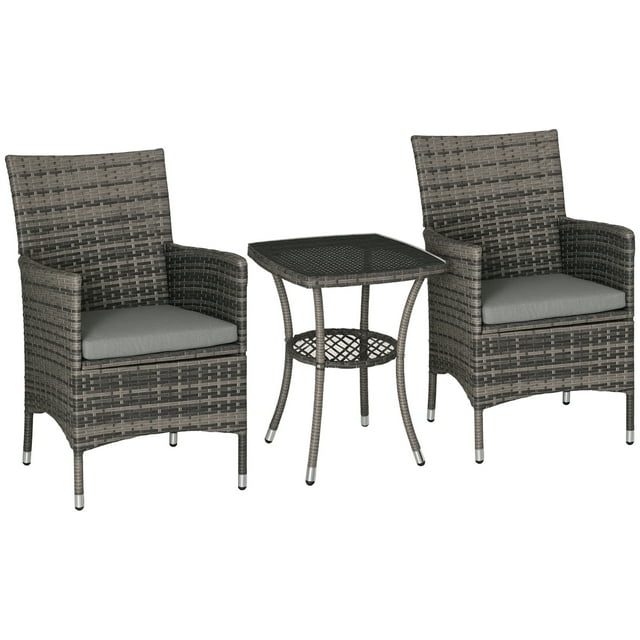 Outsunny 3 Pieces Wicker Patio Furniture Set in mixed grey, featuring two rattan chairs with grey cushions and a square coffee table with a tempered glass top. Designed for outdoor use in gardens, porches, or balconies, the set is made with a galvanized steel frame and weather-resistant PE rattan. Each chair measures 23.5 inches wide by 23 inches deep by 35.25 inches high, and the table measures 19 inches wide by 19 inches deep by 23.5 inches high. The chairs support up to 352 lbs, and the table supports up to 110 lbs. Assembly required.