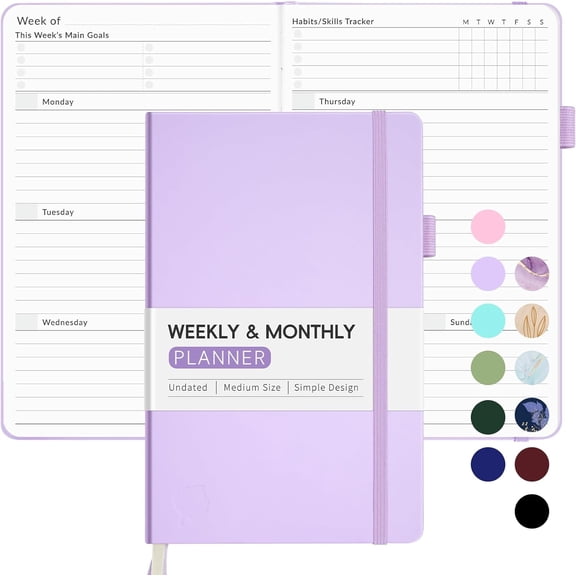 Undated Weekly Planner for 2026, Simplified Weekly & Monthly Calendar Planner, Cute Daily Organizer Notebook, Agenda Journal to Track Goals & Tasks, Start Anytime, A5 Size, Lilac