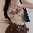 thumbnail image 6 of Women V Neck Top Butterflies Pattern Irregular Hem Slim Fitted Short Type Summer Casual T Shirt Brown S, 6 of 8