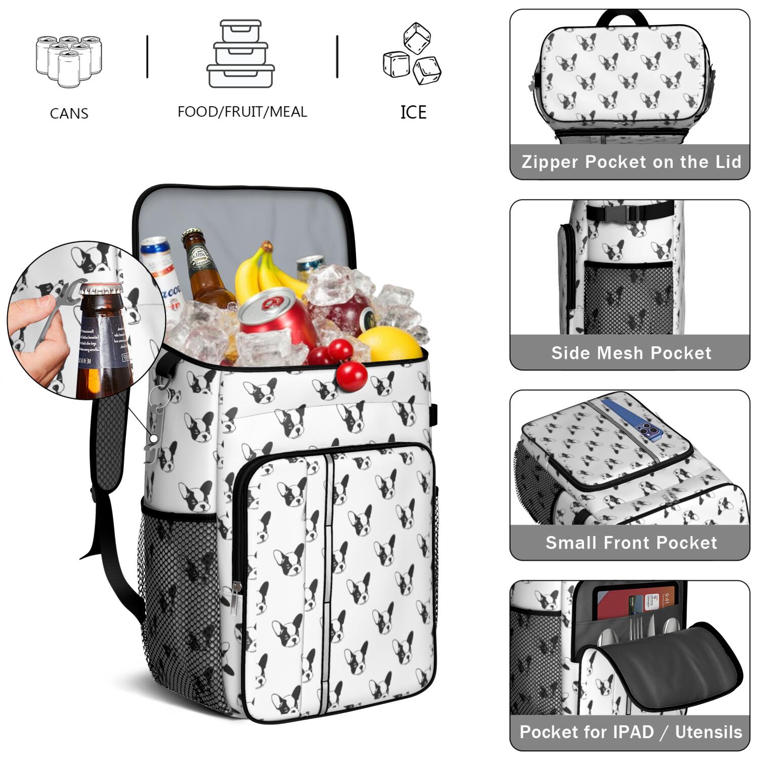 Travel Cooler Bag - Cute Bulldog Camping Beer Cooler Backpack with Bottle Opener- Waterproof Insulated Picnic Backpacks - Cooler Bag for Beach