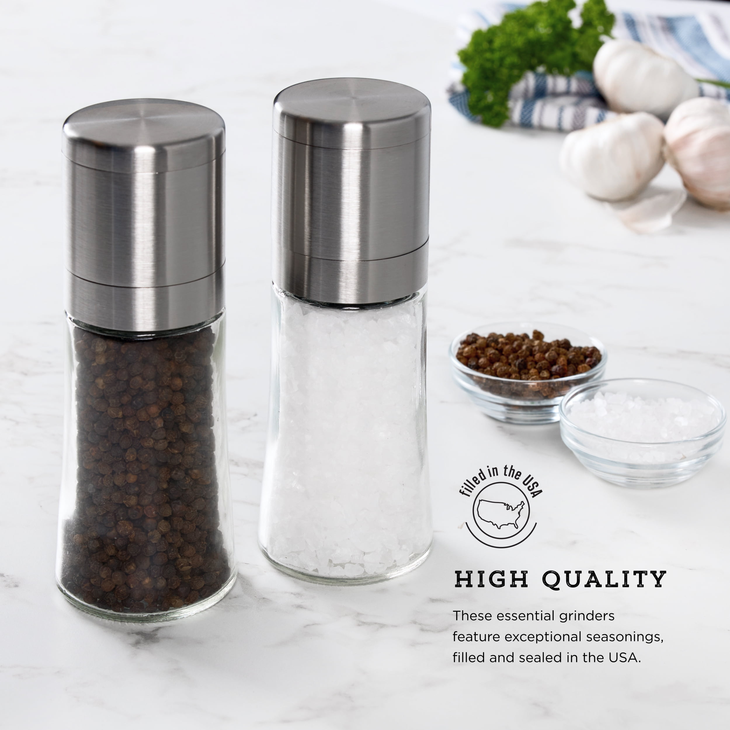(4 pack) Kamenstein Elite Prefilled Salt and Pepper Grinder Set with Adjustable Grinder