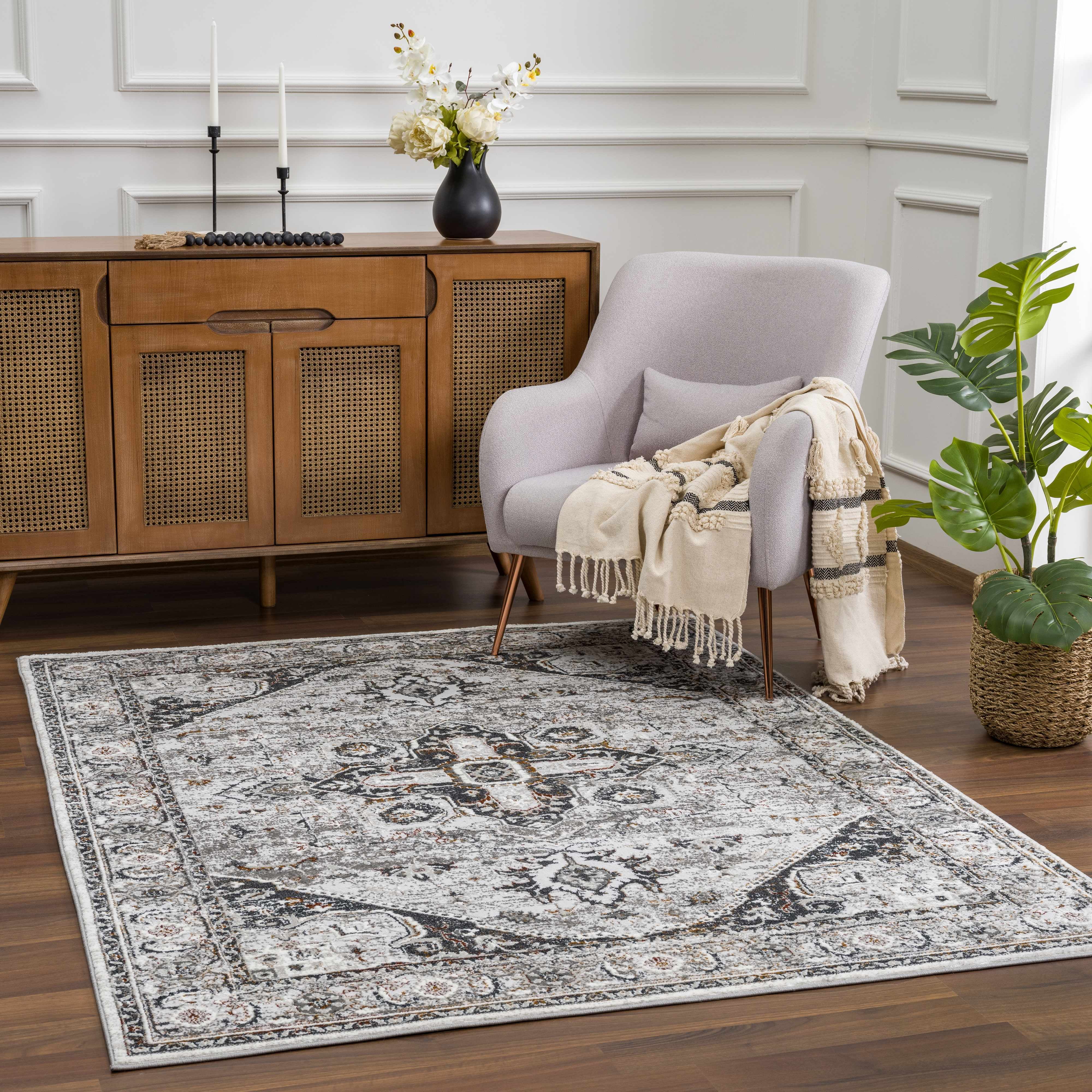 Hauteloom Liverpool Traditional Medallion Bedroom Living Room Small Area Rug - Oriental Carpet - Vintage Bohemian Farmhouse - Black, Light Grey, Dark Gray - 2' x 3'