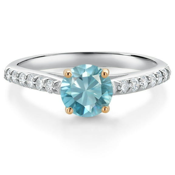 Gem Stone King 10K White Gold Blue Zircon and White Lab Grown Diamond Engagement Ring for Women (1.38 Cttw, Round 6MM, Gemstone December Birthstone, Size 5)